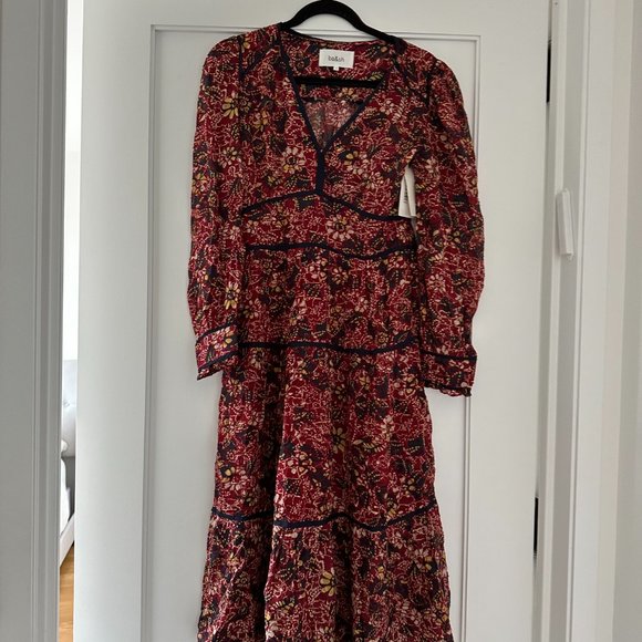 BA&SH Gigi Midi Dress Tiered All-over Floral Print Burgundy V-neck Long Sleeve - Picture 6 of 11